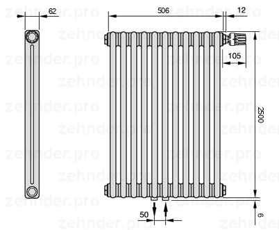 Схема (чертеж) Радиатор Zehnder Charleston 2250/11 №V008 Белый глянцевый RAL 9016
